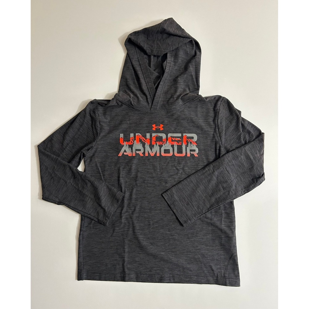 Under Armour Kids Hoodie Charcoal Grey Orange Graphic Logo YMD Medium Activewear